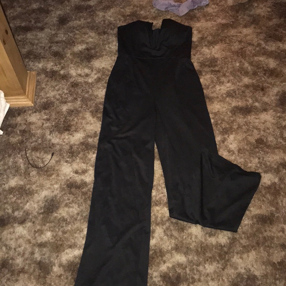 Sleek black strapless plunge jumpsuit